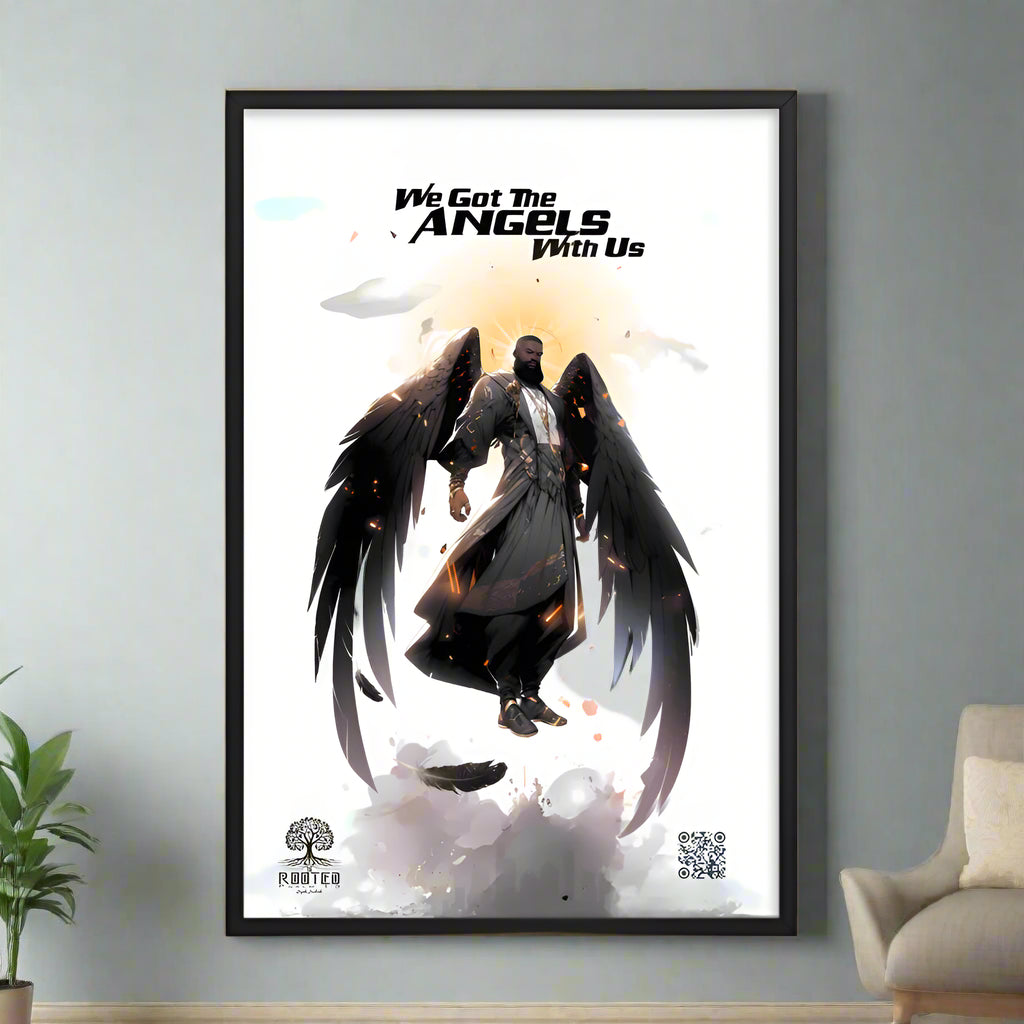 Powerful angelic warrior with towering dark wings and radiant aura, featured in RootedP13’s 'We Got the Angels With Us' design.