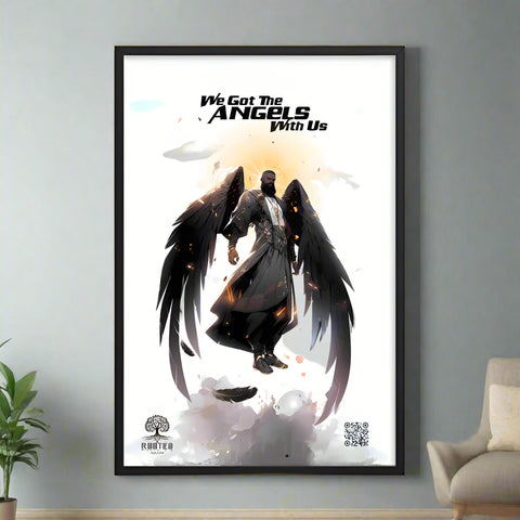 Powerful angelic warrior with towering dark wings and radiant aura, featured in RootedP13’s 'We Got the Angels With Us' design.