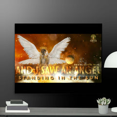 Angel silhouette against radiant sun on wall poster