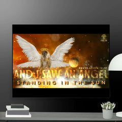 Scripture-inspired angelic figure standing in sun artwork